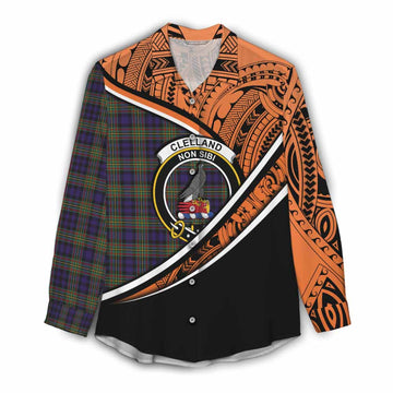 Clelland Crest Tartan Women's Casual Shirt with Polynesian Vibes Style - Orange Version