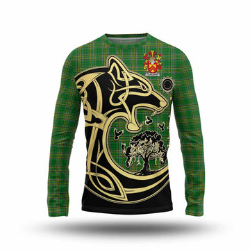 Clelland Irish Tartan Long Sleeve T-Shirt with Coat of Arms Celtic Wolf Style