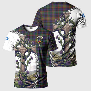 Clelland Tartan T-Shirt with Family Crest and St. Andrew's Cross Accented by Thistle Vines