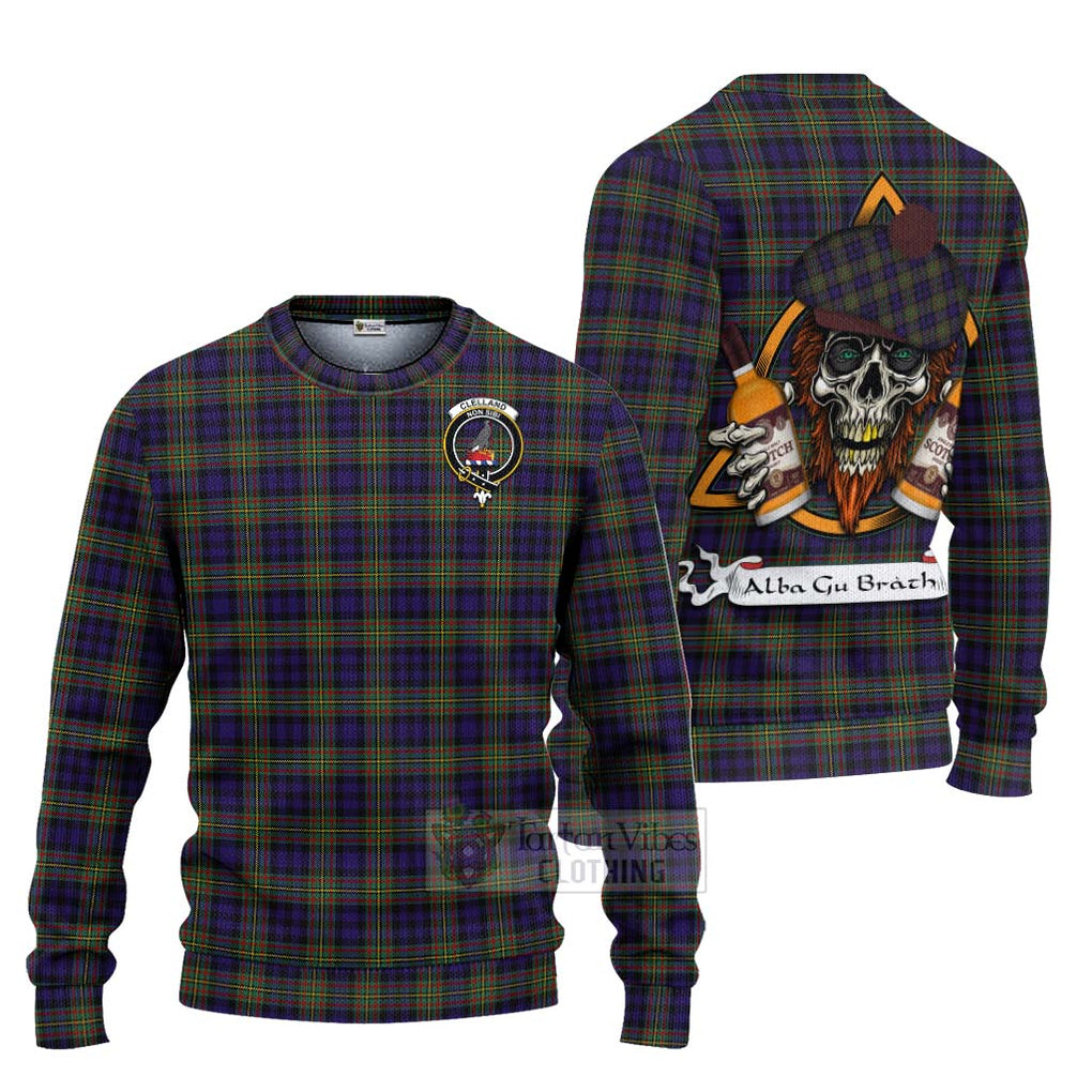 Tartan Vibes Clothing Clelland Tartan Knitted Sweater with Family Crest and Bearded Skull Holding Bottles of Whiskey