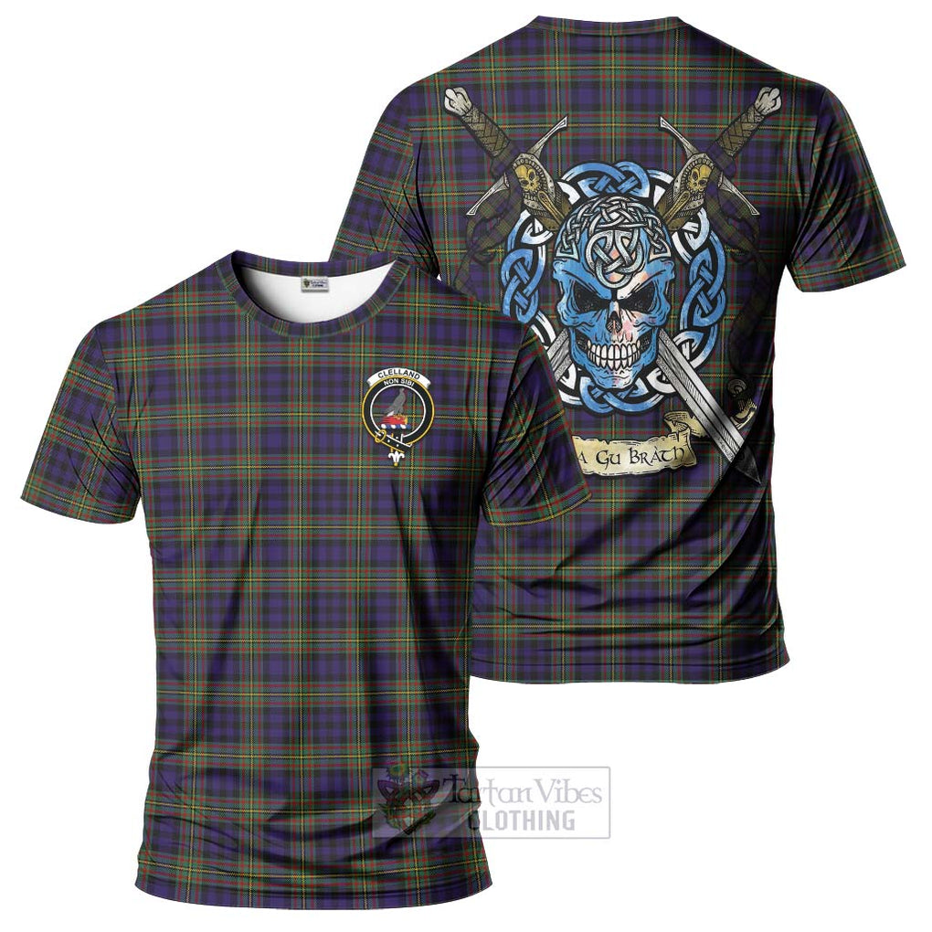 Tartan Vibes Clothing Clelland Tartan T-Shirt with Family Crest Celtic Skull Style