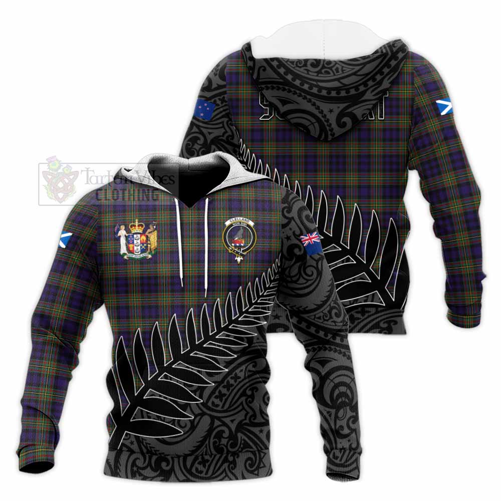 Tartan Vibes Clothing Clelland Crest Tartan Knitted Hoodie with New Zealand Silver Fern Half Style