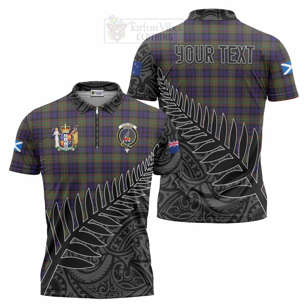 Tartan Vibes Clothing Clelland Crest Tartan Zipper Polo Shirt with New Zealand Silver Fern Half Style