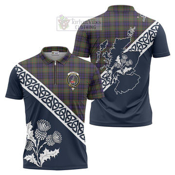 Clelland Tartan Zipper Polo Shirt Featuring Thistle and Scotland Map