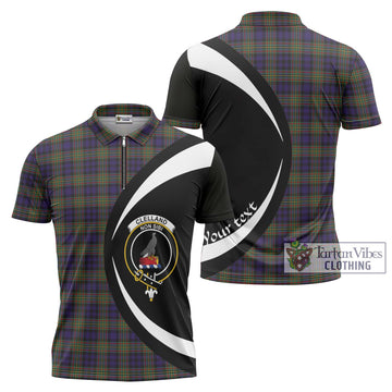 Clelland Tartan Zipper Polo Shirt with Family Crest Circle Style