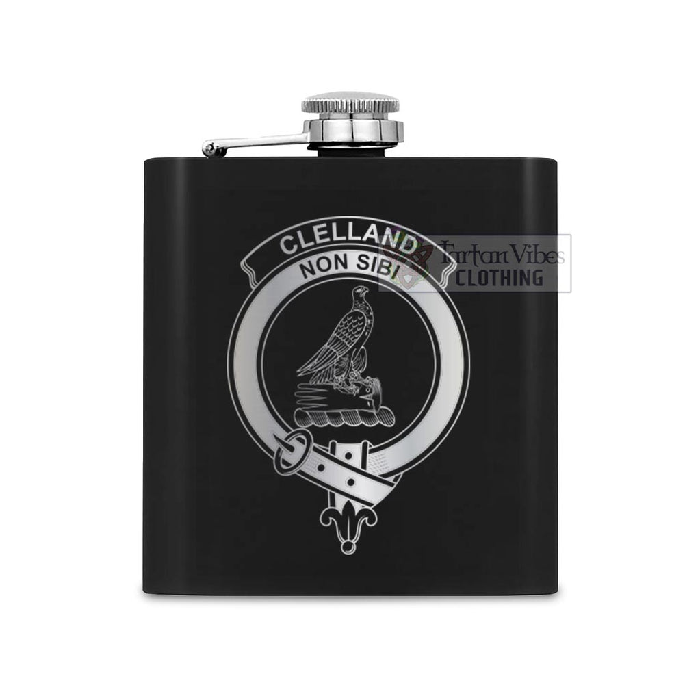 Tartan Vibes Clothing Clelland Crest Hip Flask Set 7oz Black Stainless Steel with A Gift Box