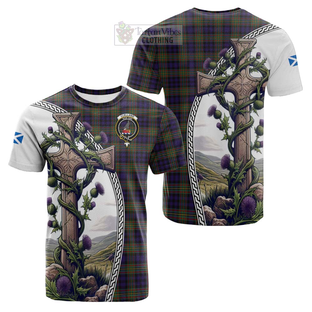 Tartan Vibes Clothing Clelland Tartan Cotton T-shirt with Family Crest and St. Andrew's Cross Accented by Thistle Vines