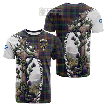 Clelland Tartan Cotton T-shirt with Family Crest and St. Andrew's Cross Accented by Thistle Vines