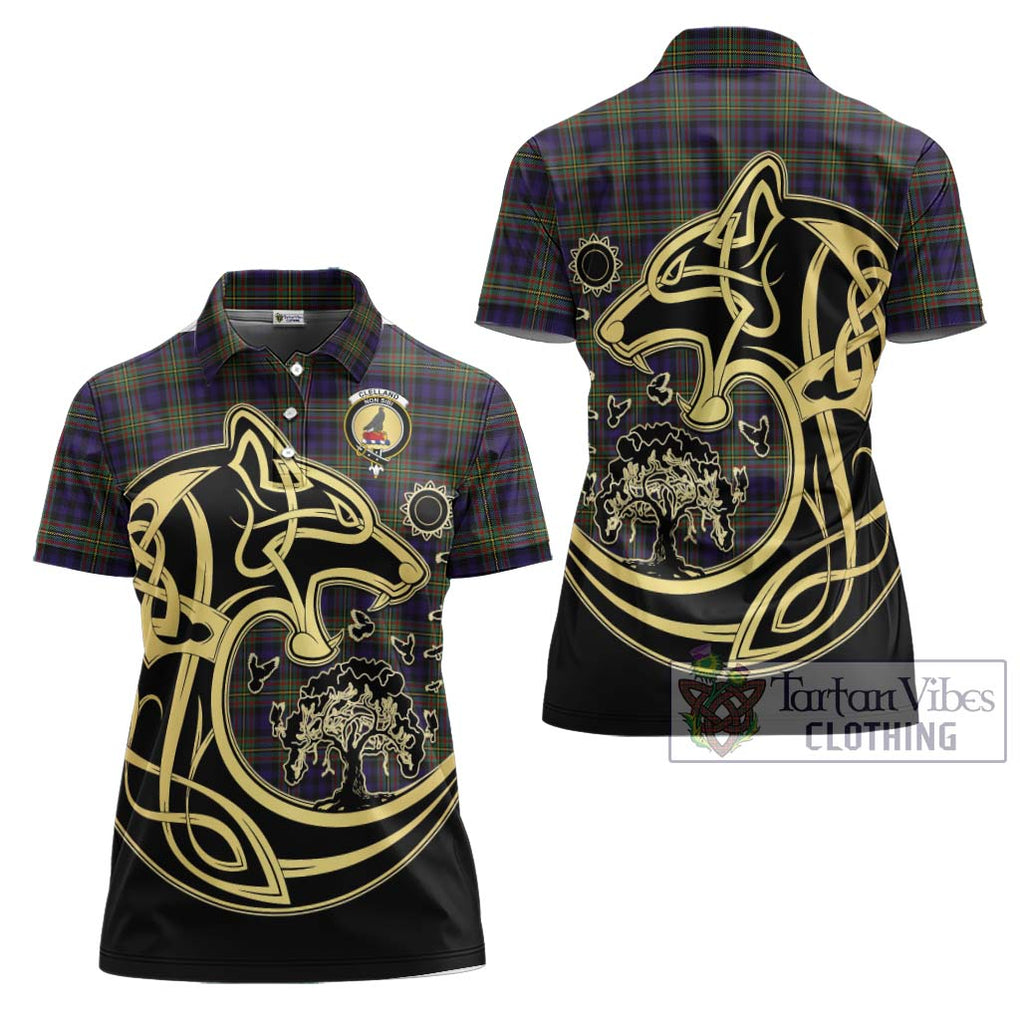 Clelland Tartan Women's Polo Shirt with Family Crest Celtic Wolf Style Women - Tartanvibesclothing Shop