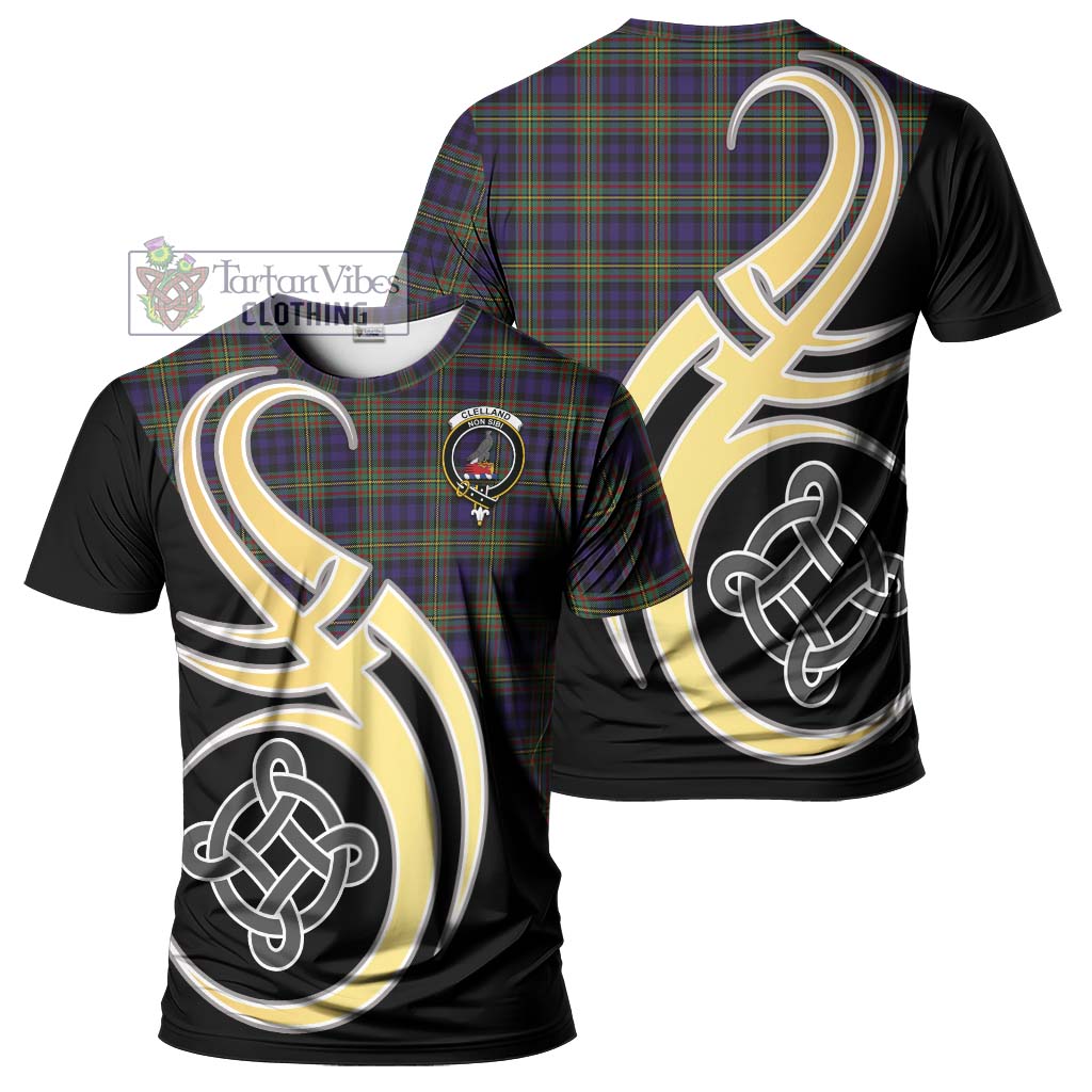 Tartan Vibes Clothing Clelland Tartan T-Shirt with Family Crest and Celtic Symbol Style