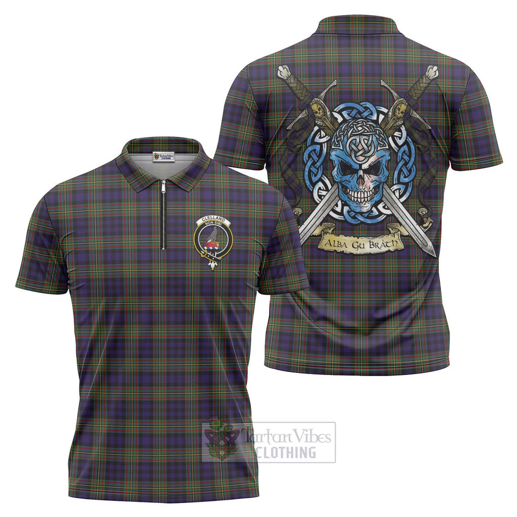 Tartan Vibes Clothing Clelland Tartan Zipper Polo Shirt with Family Crest Celtic Skull Style