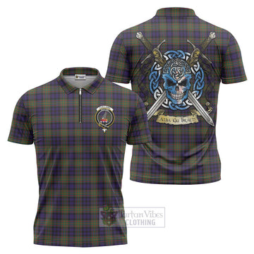 Clelland Tartan Zipper Polo Shirt with Family Crest Celtic Skull Style