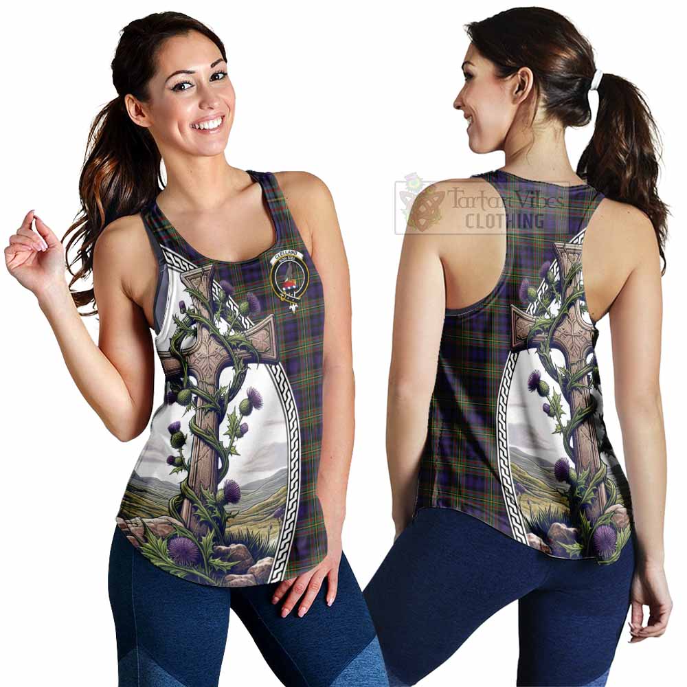 Tartan Vibes Clothing Clelland Tartan Women's Racerback Tanks with Family Crest and St. Andrew's Cross Accented by Thistle Vines