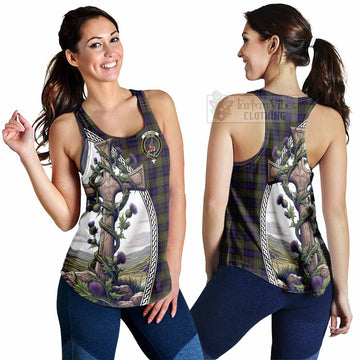 Clelland Tartan Women's Racerback Tanks with Family Crest and St. Andrew's Cross Accented by Thistle Vines