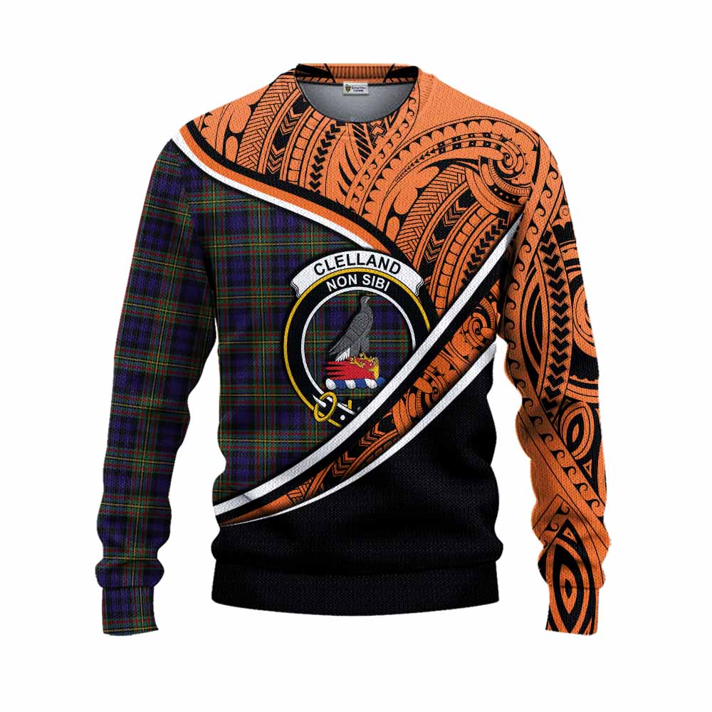 Tartan Vibes Clothing Clelland Crest Tartan Knitted Sweater with Maori Tattoo Style - Orange Version