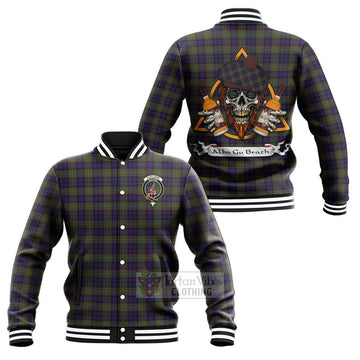 Clelland Tartan Baseball Jacket with Family Crest and Bearded Skull Holding Bottles of Whiskey Unisex - Tartan Vibes Clothing