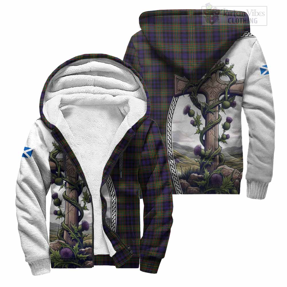 Tartan Vibes Clothing Clelland Tartan Sherpa Hoodie with Family Crest and St. Andrew's Cross Accented by Thistle Vines