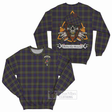 Clelland Tartan Sweatshirt with Family Crest and Bearded Skull Holding Bottles of Whiskey