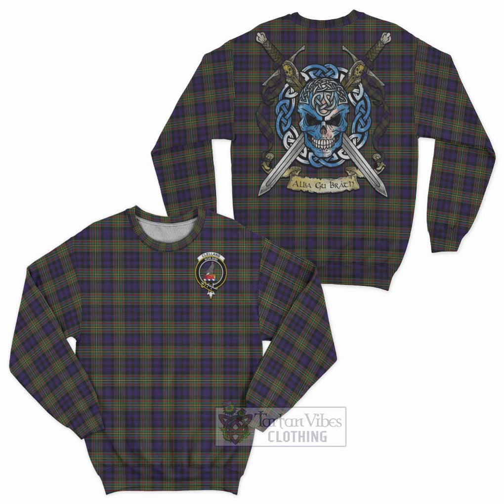 Tartan Vibes Clothing Clelland Tartan Sweatshirt with Family Crest Celtic Skull Style