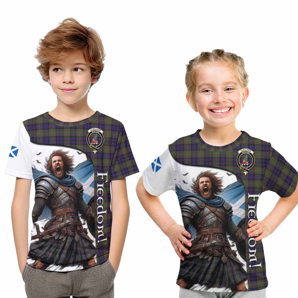 Tartan Vibes Clothing Clelland Crest Tartan Kid T-Shirt Inspired by the Freedom of Scottish Warrior