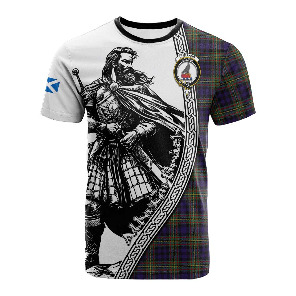 Clelland Tartan Clan Crest Cotton T-shirt with Highlander Warrior Celtic Style