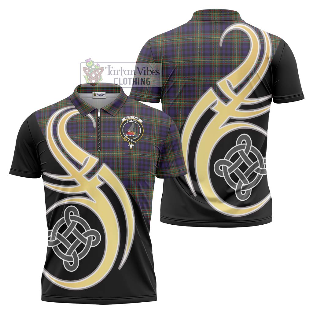 Tartan Vibes Clothing Clelland Tartan Zipper Polo Shirt with Family Crest and Celtic Symbol Style