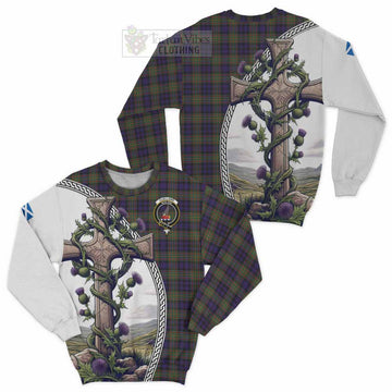 Clelland Tartan Sweatshirt with Family Crest and St. Andrew's Cross Accented by Thistle Vines