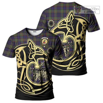 Clelland Tartan T-Shirt with Family Crest Celtic Wolf Style