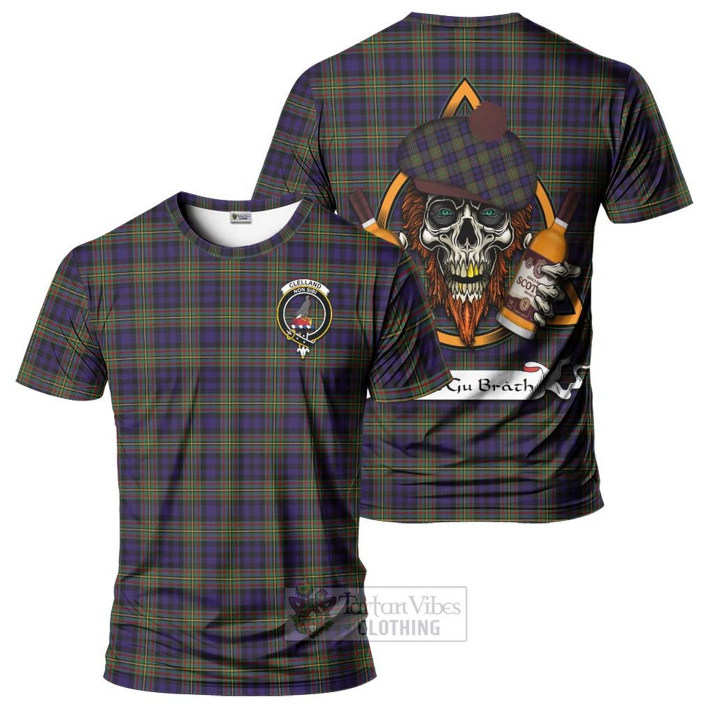 Tartan Vibes Clothing Clelland Tartan T-Shirt with Family Crest and Bearded Skull Holding Bottles of Whiskey