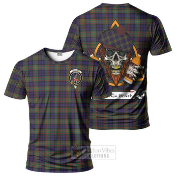 Clelland Tartan T-Shirt with Family Crest and Bearded Skull Holding Bottles of Whiskey