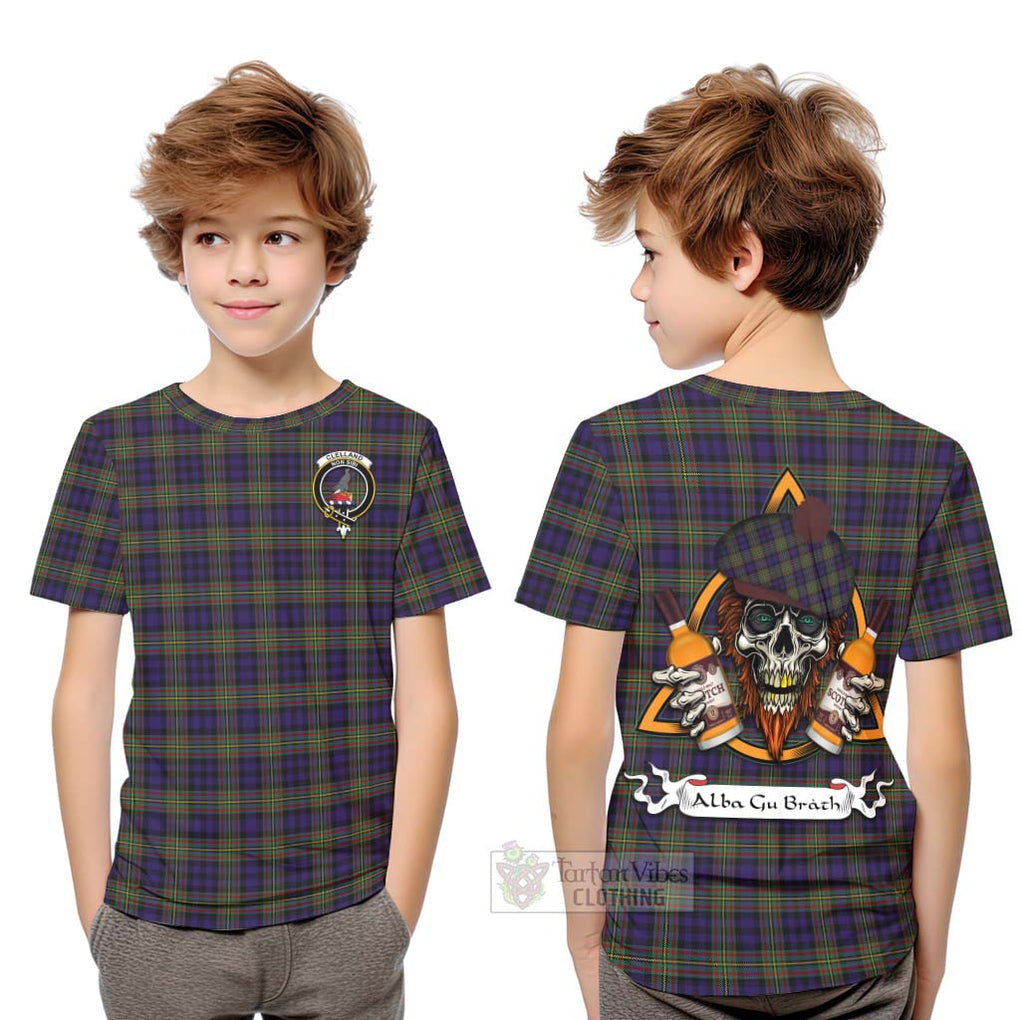 Tartan Vibes Clothing Clelland Tartan Kid T-Shirt with Family Crest and Bearded Skull Holding Bottles of Whiskey