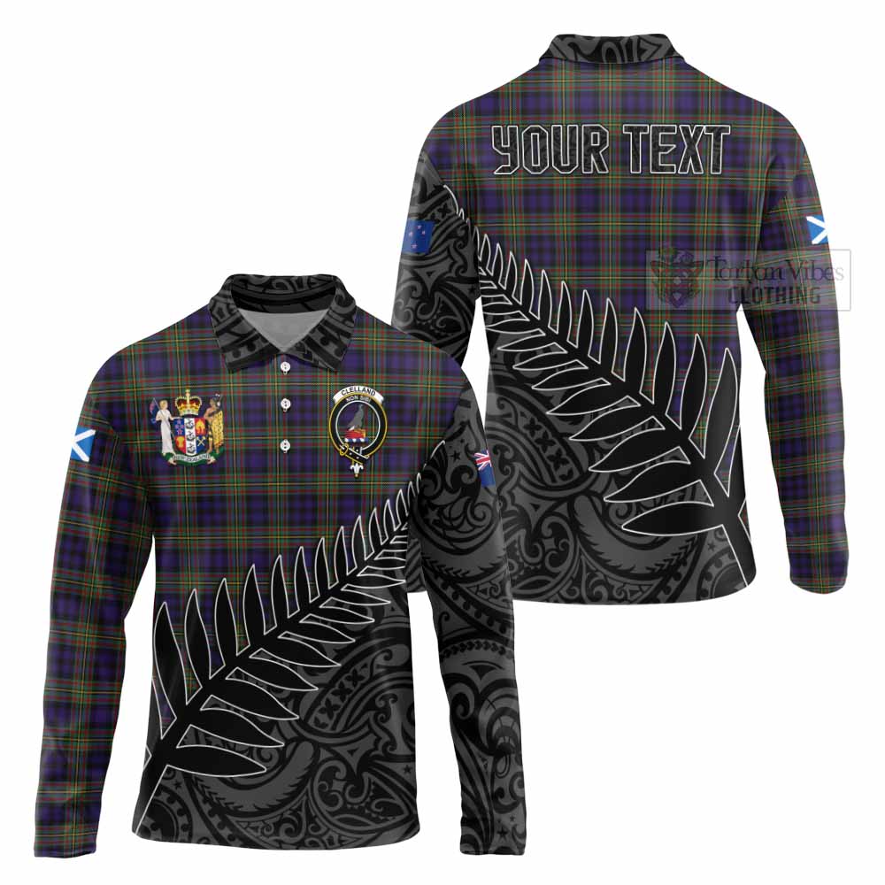 Tartan Vibes Clothing Clelland Crest Tartan Long Sleeve Polo Shirt with New Zealand Silver Fern Half Style