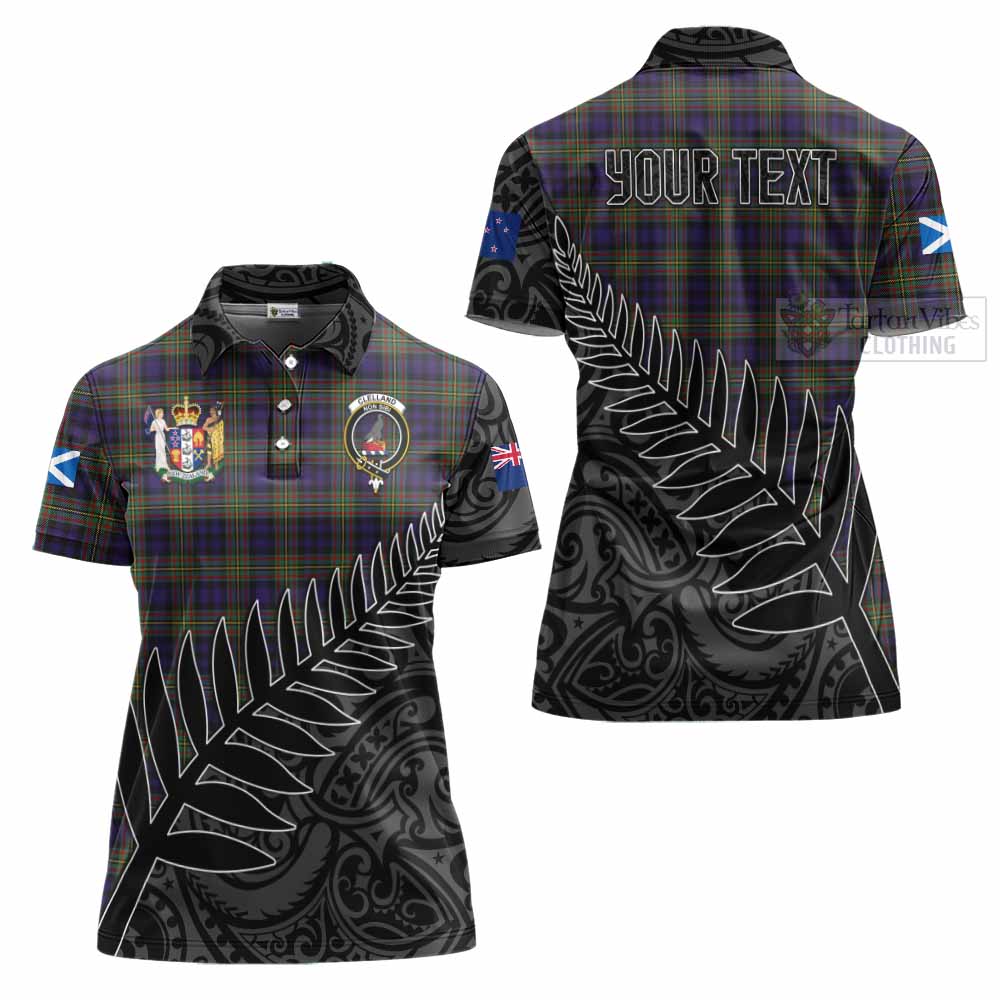 Tartan Vibes Clothing Clelland Crest Tartan Women's Polo Shirt with New Zealand Silver Fern Half Style