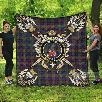 Clelland Tartan Quilt with Family Crest and Golden Thistle Crossed Sword Design