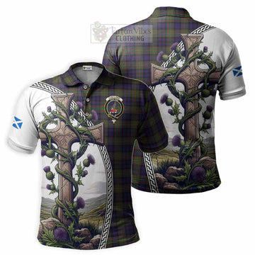 Clelland Tartan Polo Shirt with Family Crest and St. Andrew's Cross Accented by Thistle Vines