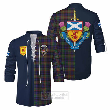 Clelland Tartan Ghillie Kilt Shirt Alba with Scottish Lion Royal Arm Half Style Men - Tartan Vibes Clothing