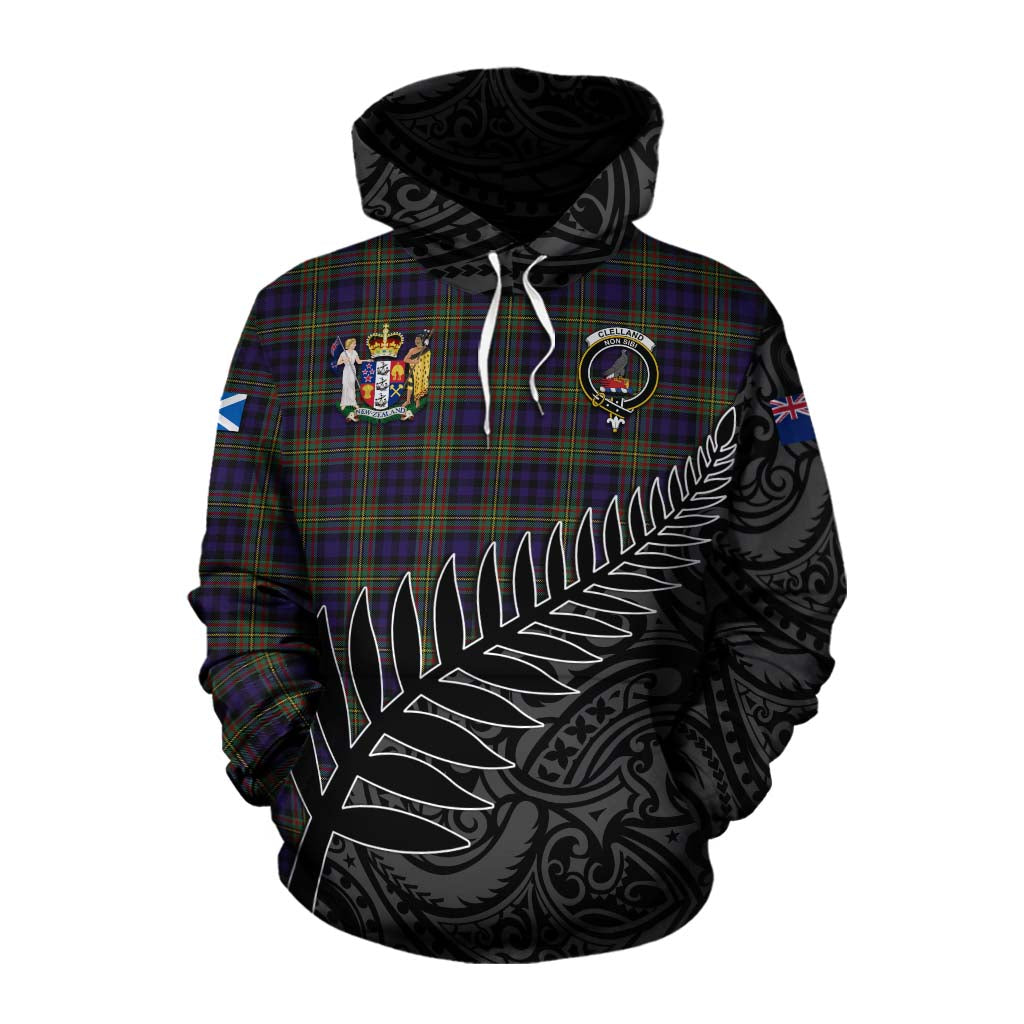 Tartan Vibes Clothing Clelland Crest Tartan Cotton Hoodie with New Zealand Silver Fern Half Style