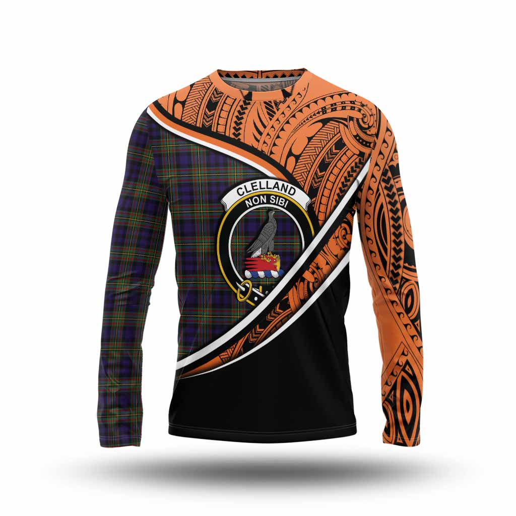 Tartan Vibes Clothing Clelland Crest Tartan Long Sleeve T-Shirt with Maori Tattoo Style - Orange Version