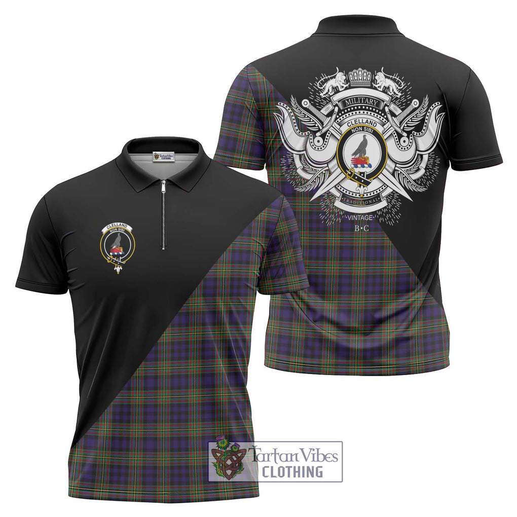 Clelland Tartan Zipper Polo Shirt with Family Crest and Military Logo Style Unisex - Tartanvibesclothing Shop