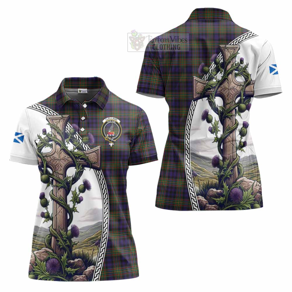 Tartan Vibes Clothing Clelland Tartan Women's Polo Shirt with Family Crest and St. Andrew's Cross Accented by Thistle Vines