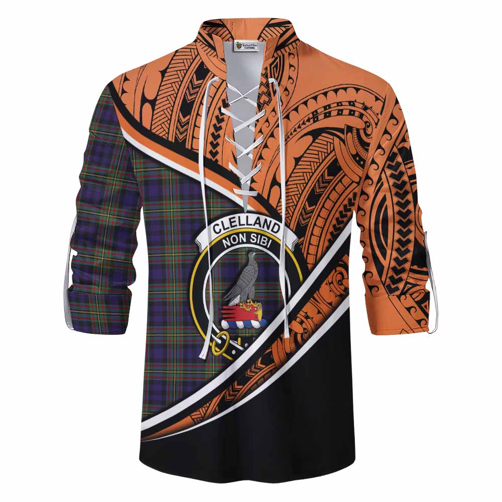 Tartan Vibes Clothing Clelland Crest Tartan Ghillie Kilt Shirt with Maori Tattoo Style - Orange Version