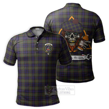 Clelland Tartan Polo Shirt with Family Crest and Bearded Skull Holding Bottles of Whiskey