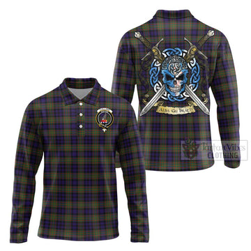 Clelland Tartan Long Sleeve Polo Shirt with Family Crest Celtic Skull Style Unisex - Tartan Vibes Clothing
