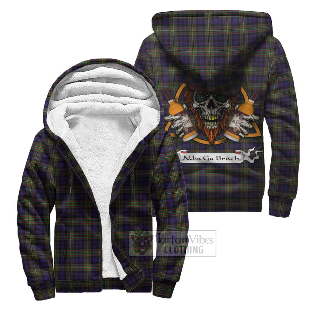 Tartan Vibes Clothing Clelland Tartan Sherpa Hoodie with Family Crest and Bearded Skull Holding Bottles of Whiskey