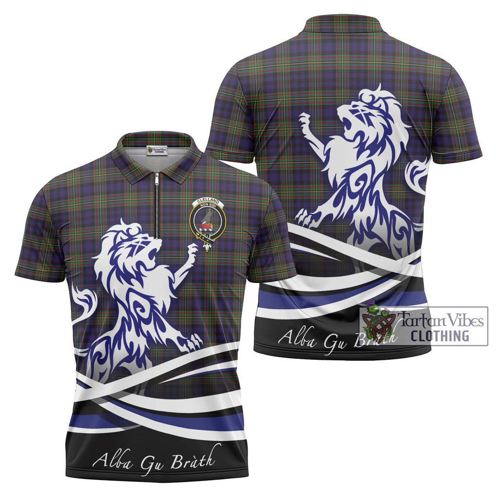 Clelland Tartan Zipper Polo Shirt with Alba Gu Brath Regal Lion Emblem Unisex - Tartanvibesclothing Shop