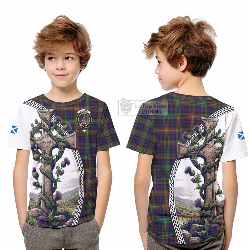 Tartan Vibes Clothing Clelland Tartan Kid T-Shirt with Family Crest and St. Andrew's Cross Accented by Thistle Vines