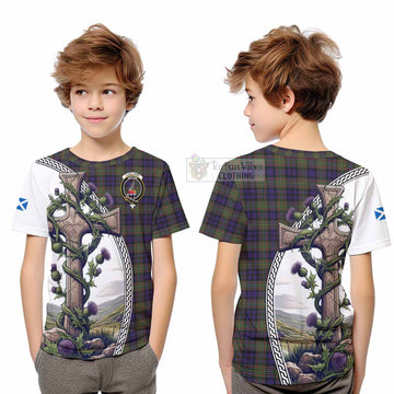 Clelland Tartan Kid T-Shirt with Family Crest and St. Andrew's Cross Accented by Thistle Vines