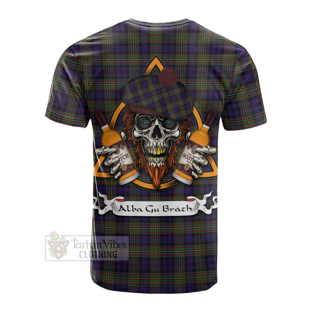 Tartan Vibes Clothing Clelland Tartan Cotton T-shirt with Family Crest and Bearded Skull Holding Bottles of Whiskey