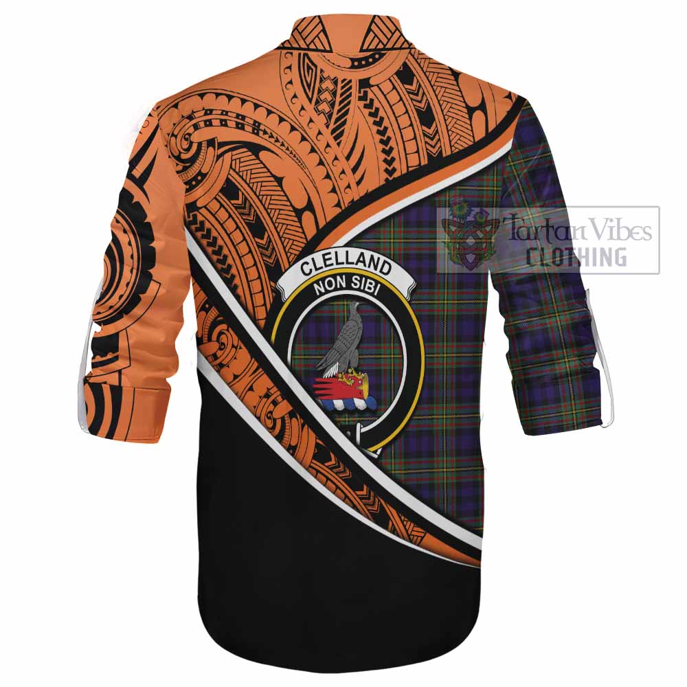 Tartan Vibes Clothing Clelland Crest Tartan Ghillie Kilt Shirt with Maori Tattoo Style - Orange Version