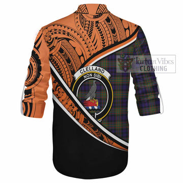 Clelland Crest Tartan Ghillie Kilt Shirt with Polynesian Vibes Style - Orange Version